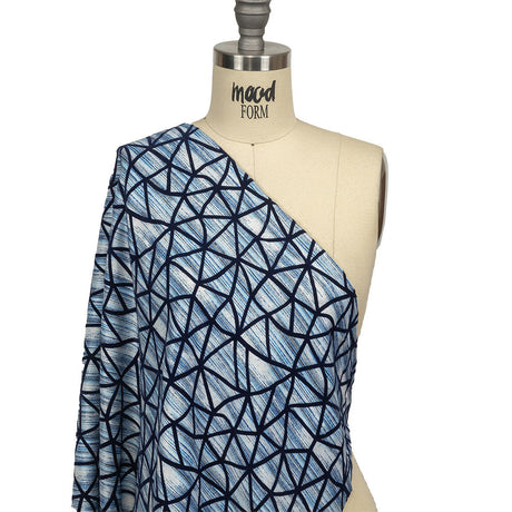 Navy Flocked Geometric Web on Blue and White Distressed Stripes Stretch Cotton Twill