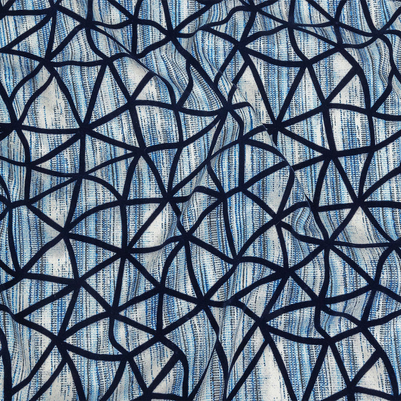 Navy Flocked Geometric Web on Blue and White Distressed Stripes Stretch Cotton Twill
