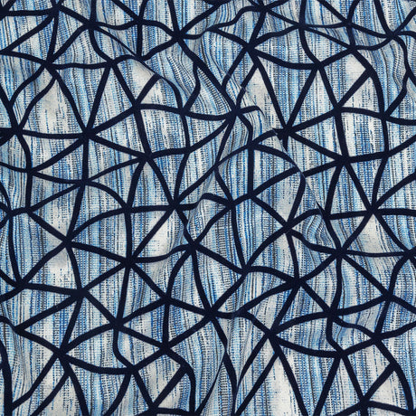 Navy Flocked Geometric Web on Blue and White Distressed Stripes Stretch Cotton Twill