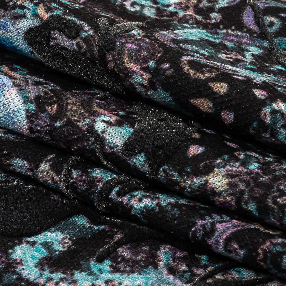 Blue Graphite Flocked Flower Vines on Gray, Blue and Pink Jacobean Cotton and Polyester Knit Pique