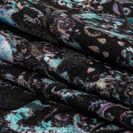 Blue Graphite Flocked Flower Vines on Gray, Blue and Pink Jacobean Cotton and Polyester Knit Pique