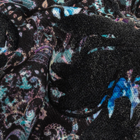 Blue Graphite Flocked Flower Vines on Gray, Blue and Pink Jacobean Cotton and Polyester Knit Pique