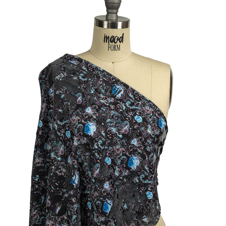 Blue Graphite Flocked Flower Vines on Gray, Blue and Pink Jacobean Cotton and Polyester Knit Pique
