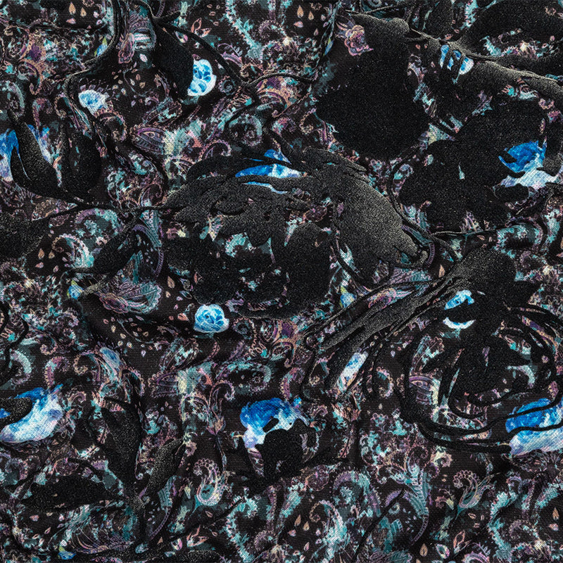Blue Graphite Flocked Flower Vines on Gray, Blue and Pink Jacobean Cotton and Polyester Knit Pique