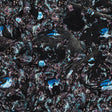 Blue Graphite Flocked Flower Vines on Gray, Blue and Pink Jacobean Cotton and Polyester Knit Pique
