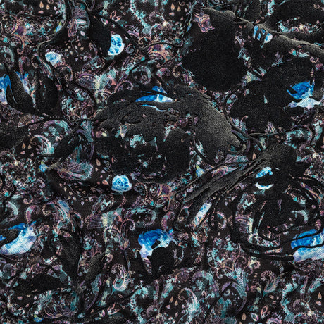 Blue Graphite Flocked Flower Vines on Gray, Blue and Pink Jacobean Cotton and Polyester Knit Pique