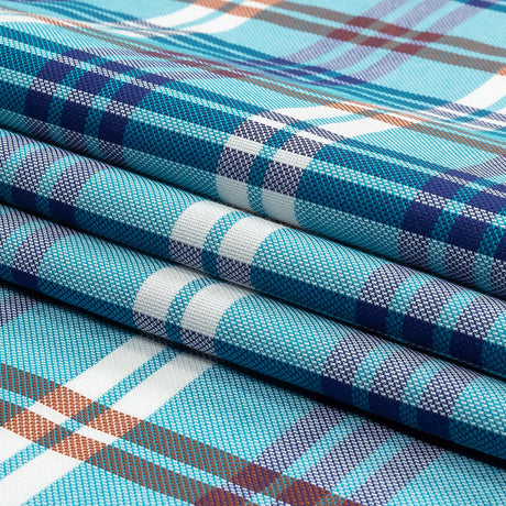 Blue, Orange and White Plaid Cotton and Polyester Dobby