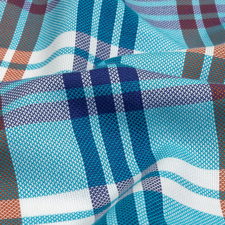 Blue, Orange and White Plaid Cotton and Polyester Dobby