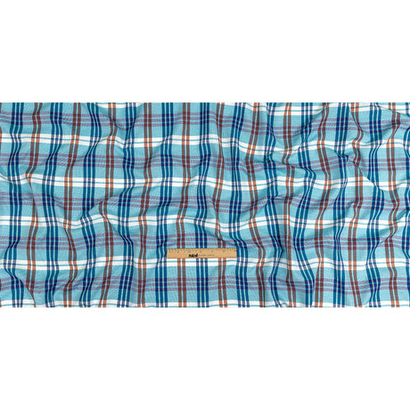 Blue, Orange and White Plaid Cotton and Polyester Dobby