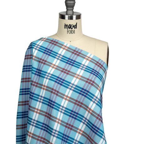 Blue, Orange and White Plaid Cotton and Polyester Dobby