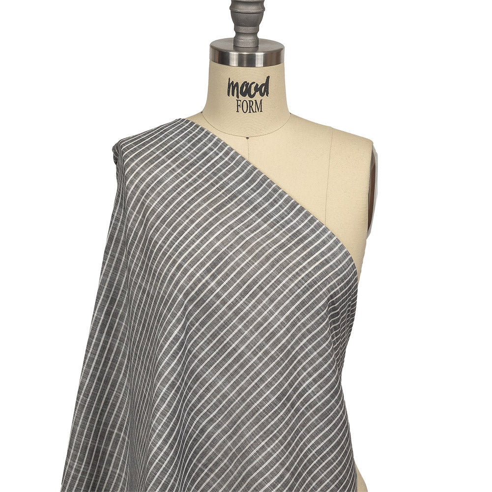 Black and White Striped Slubbed Cotton and Polyester Woven