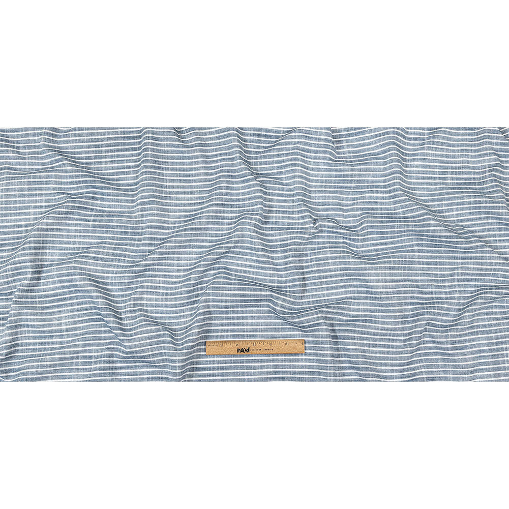 Colony Blue and White Striped Slubbed Cotton and Polyester Woven