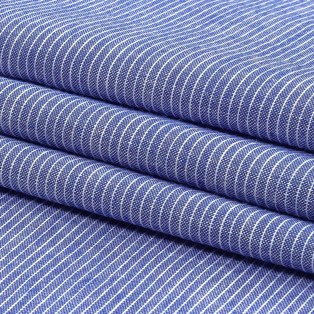 Cobalt and White Pinstriped Cotton and Polyester Shirting
