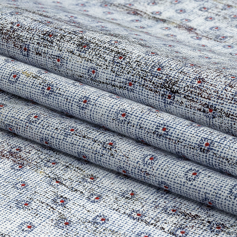 Red and Blue Flowers and Dots Cotton and Polyester Shirting with Distressed Foil Topcoat