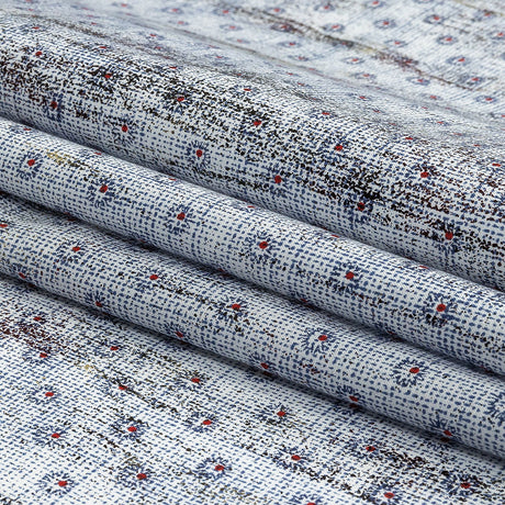 Red and Blue Flowers and Dots Cotton and Polyester Shirting with Distressed Foil Topcoat