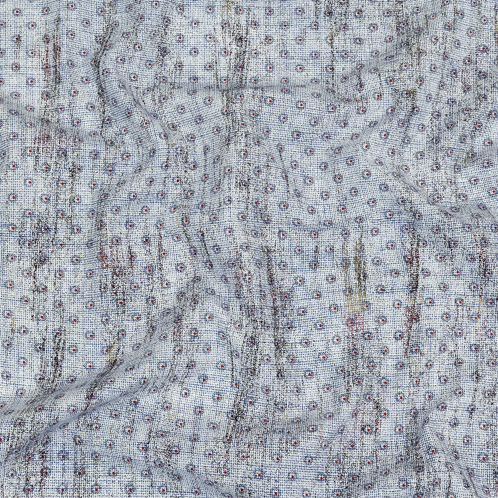 Red and Blue Flowers and Dots Cotton and Polyester Shirting with Distressed Foil Topcoat