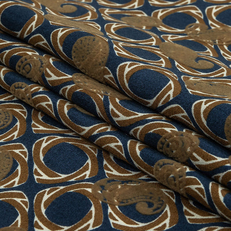 Beige and Navy Flocked Paisley on Twisted Squares Printed Viscose Woven