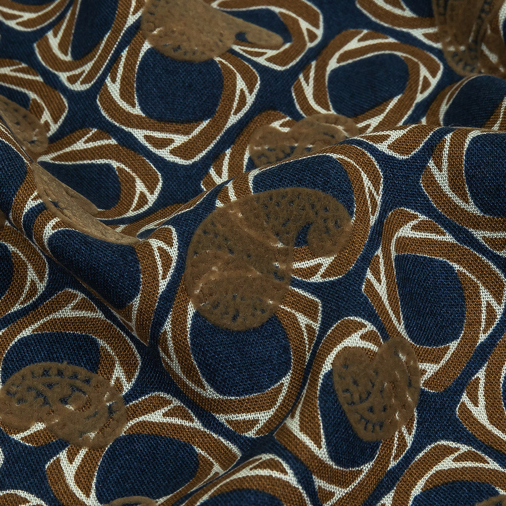 Beige and Navy Flocked Paisley on Twisted Squares Printed Viscose Woven