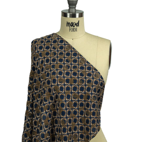 Beige and Navy Flocked Paisley on Twisted Squares Printed Viscose Woven