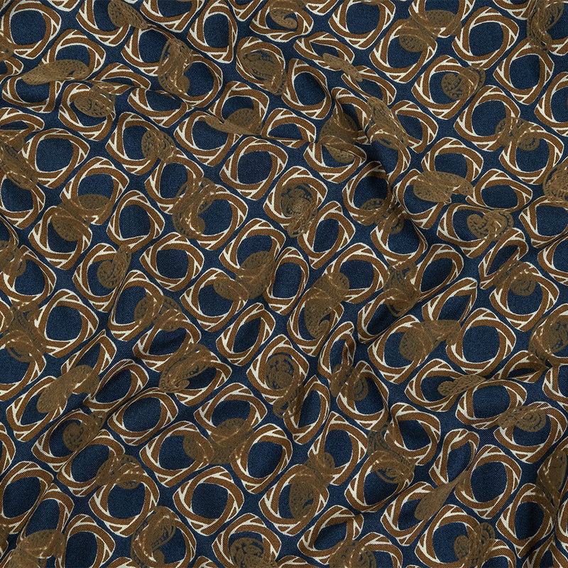 Beige and Navy Flocked Paisley on Twisted Squares Printed Viscose Woven