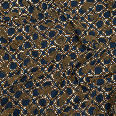 Beige and Navy Flocked Paisley on Twisted Squares Printed Viscose Woven