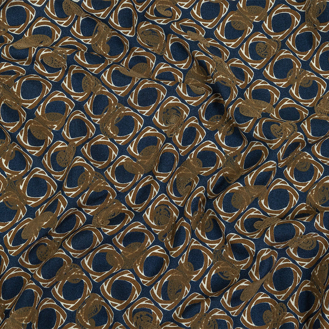 Beige and Navy Flocked Paisley on Twisted Squares Printed Viscose Woven
