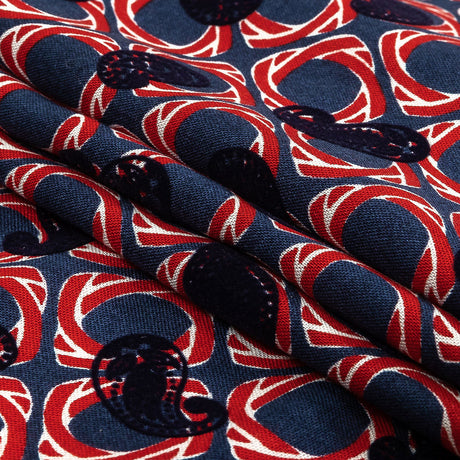 Salsa and Navy Flocked Paisley on Twisted Squares Printed Viscose Woven