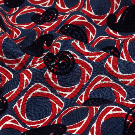 Salsa and Navy Flocked Paisley on Twisted Squares Printed Viscose Woven