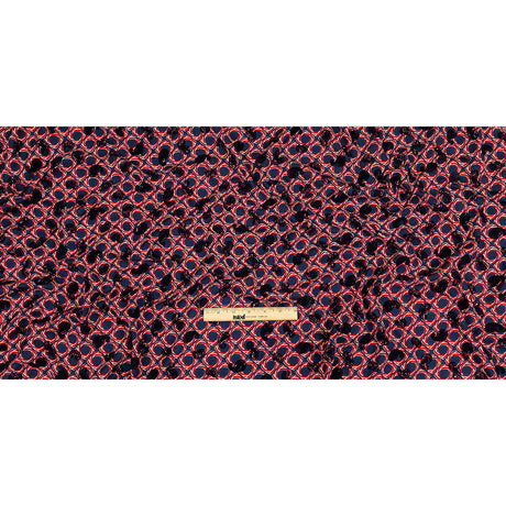 Salsa and Navy Flocked Paisley on Twisted Squares Printed Viscose Woven