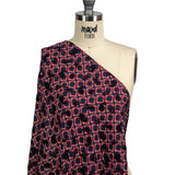 Salsa and Navy Flocked Paisley on Twisted Squares Printed Viscose Woven