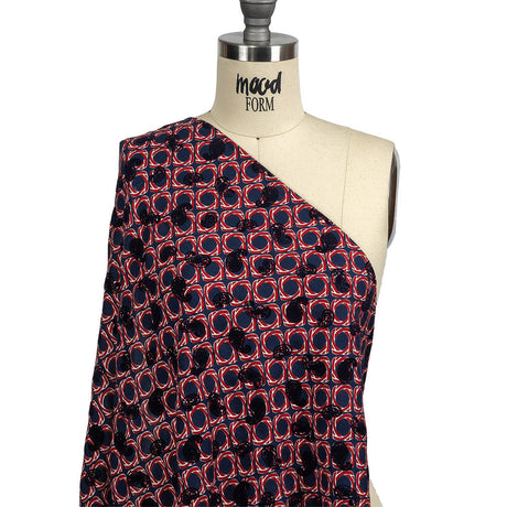 Salsa and Navy Flocked Paisley on Twisted Squares Printed Viscose Woven