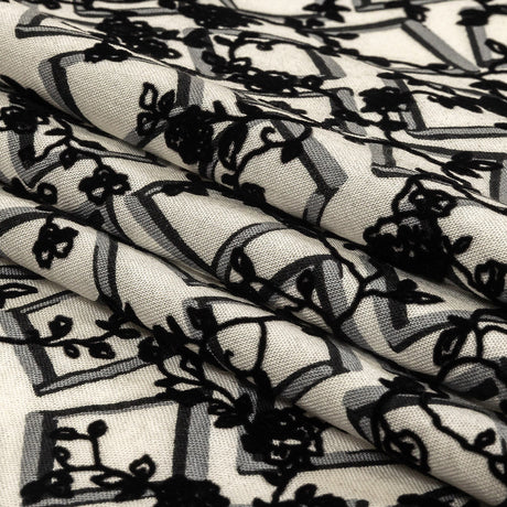 Black and White Flocked Florals on Tossed Squares Printed Viscose Woven