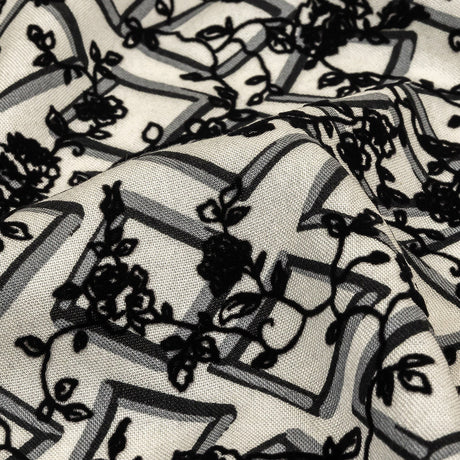 Black and White Flocked Florals on Tossed Squares Printed Viscose Woven