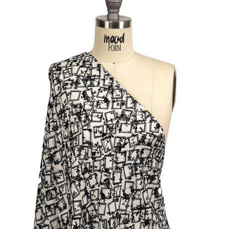 Black and White Flocked Florals on Tossed Squares Printed Viscose Woven