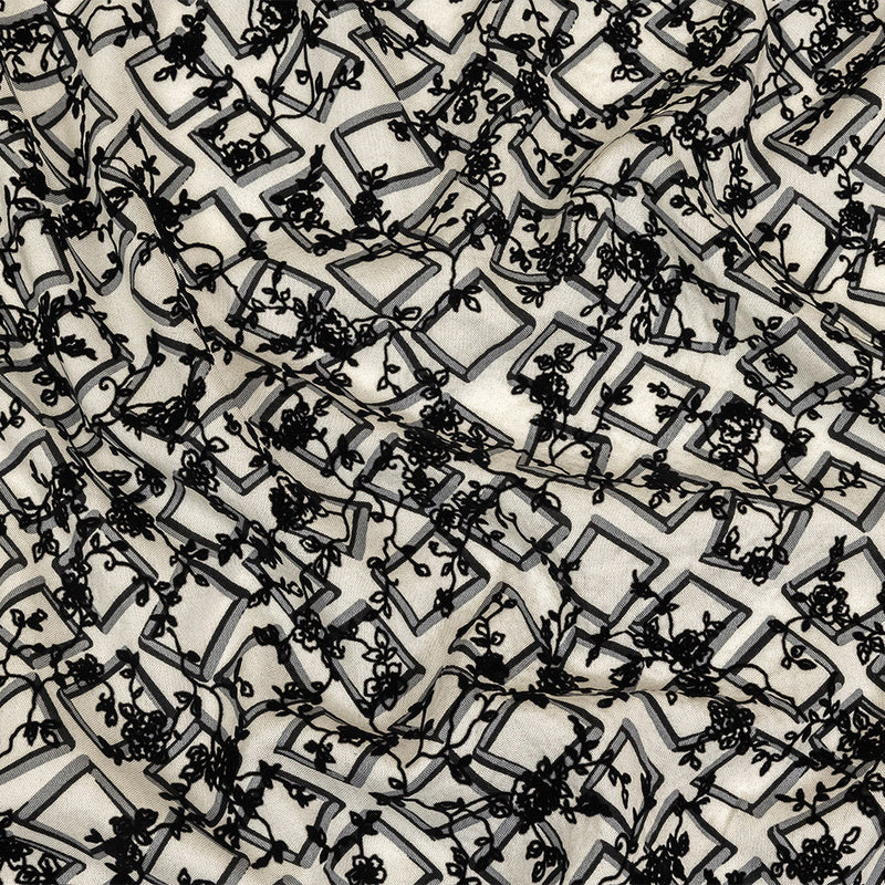 Black and White Flocked Florals on Tossed Squares Printed Viscose Woven