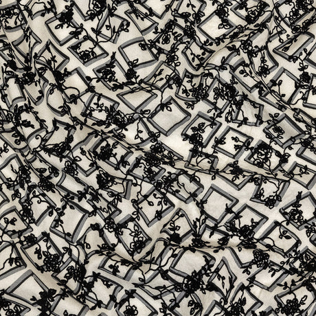 Black and White Flocked Florals on Tossed Squares Printed Viscose Woven