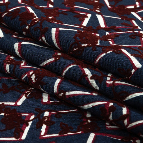 Burgundy, White and Navy Flocked Florals on Tossed Squares Printed Viscose Woven