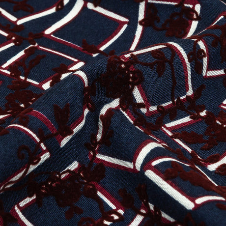 Burgundy, White and Navy Flocked Florals on Tossed Squares Printed Viscose Woven