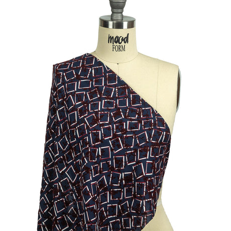 Burgundy, White and Navy Flocked Florals on Tossed Squares Printed Viscose Woven