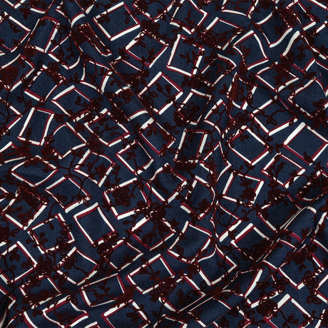 Burgundy, White and Navy Flocked Florals on Tossed Squares Printed Viscose Woven