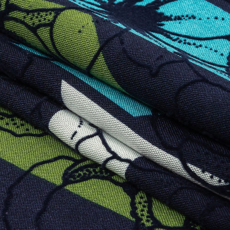 Turquoise, Lime and Navy Flocked Flowers on Geometric Printed Viscose Woven