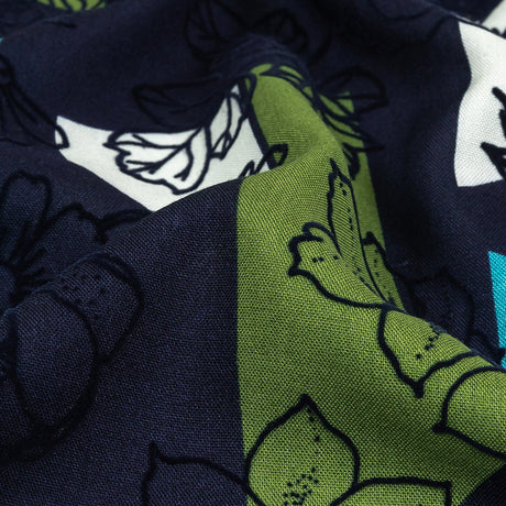 Turquoise, Lime and Navy Flocked Flowers on Geometric Printed Viscose Woven