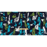 Turquoise, Lime and Navy Flocked Flowers on Geometric Printed Viscose Woven