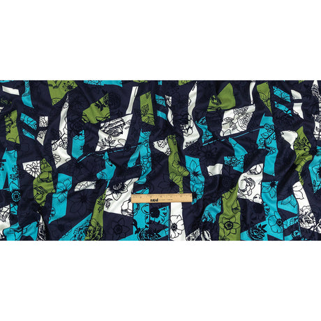 Turquoise, Lime and Navy Flocked Flowers on Geometric Printed Viscose Woven