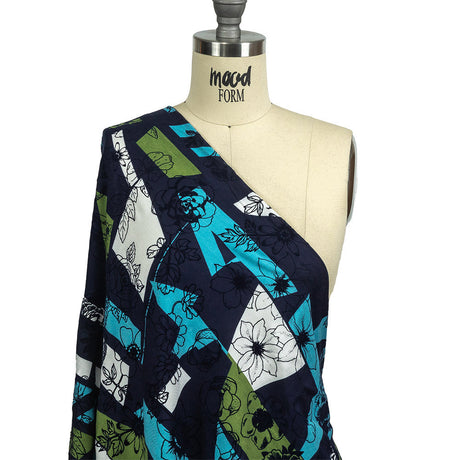 Turquoise, Lime and Navy Flocked Flowers on Geometric Printed Viscose Woven