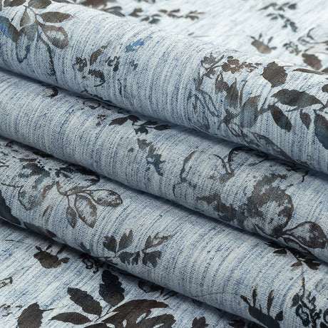 Soft Blue and Gunmetal Foiled Flowers Striated Stretch Cotton Woven