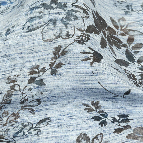 Soft Blue and Gunmetal Foiled Flowers Striated Stretch Cotton Woven