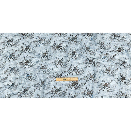 Soft Blue and Gunmetal Foiled Flowers Striated Stretch Cotton Woven