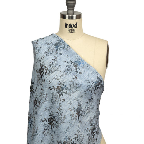 Soft Blue and Gunmetal Foiled Flowers Striated Stretch Cotton Woven