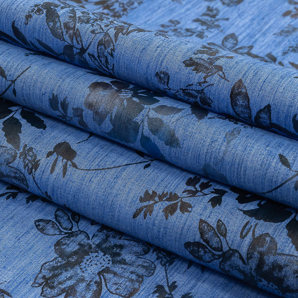 Bright Blue and Gray Foiled Flowers Striated Stretch Cotton Woven